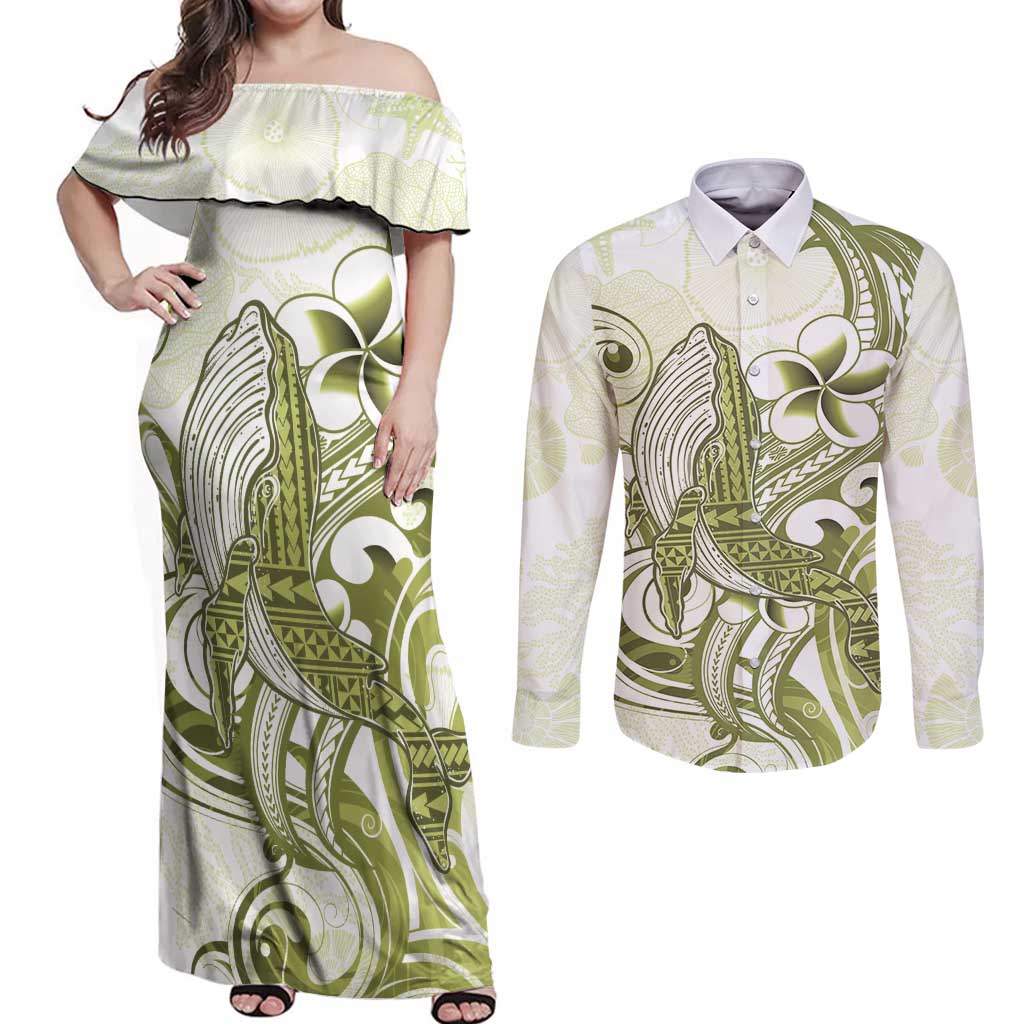 Lime Green Hawaii Couples Matching Off Shoulder Maxi Dress and Long Sleeve Button Shirt Humpback Whale Tattoo Polynesian Tribal Ocean Vibes LT14 Lime Green - Polynesian Pride