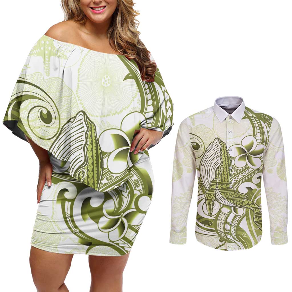 Lime Green Hawaii Couples Matching Off Shoulder Short Dress and Long Sleeve Button Shirt Humpback Whale Tattoo Polynesian Tribal Ocean Vibes LT14 Lime Green - Polynesian Pride