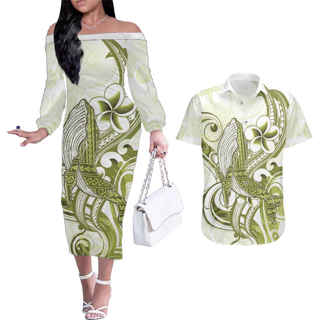Lime Green Hawaii Couples Matching Off The Shoulder Long Sleeve Dress and Hawaiian Shirt Humpback Whale Tattoo Polynesian Tribal Ocean Vibes LT14 Lime Green - Polynesian Pride