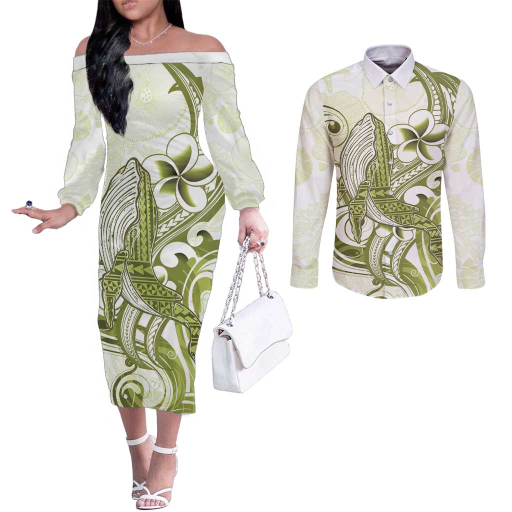 Lime Green Hawaii Couples Matching Off The Shoulder Long Sleeve Dress and Long Sleeve Button Shirt Humpback Whale Tattoo Polynesian Tribal Ocean Vibes LT14 Lime Green - Polynesian Pride