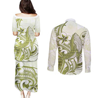 Lime Green Hawaii Couples Matching Puletasi and Long Sleeve Button Shirt Humpback Whale Tattoo Polynesian Tribal Ocean Vibes