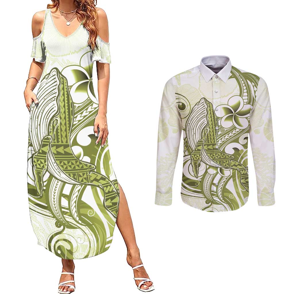 Lime Green Hawaii Couples Matching Summer Maxi Dress and Long Sleeve Button Shirt Humpback Whale Tattoo Polynesian Tribal Ocean Vibes LT14 Lime Green - Polynesian Pride