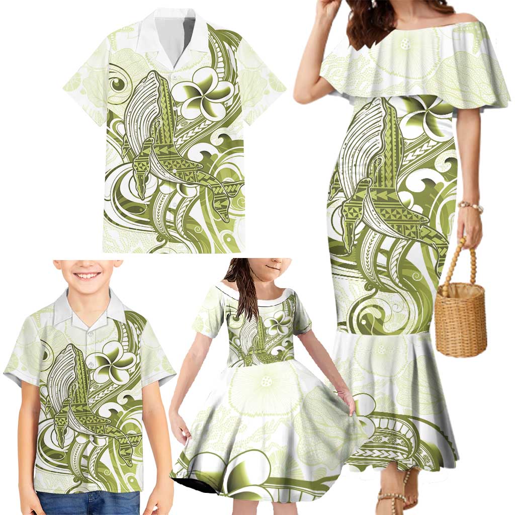 Lime Green Hawaii Family Matching Mermaid Dress and Hawaiian Shirt Humpback Whale Tattoo Polynesian Tribal Ocean Vibes