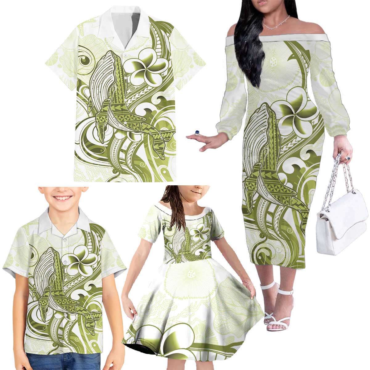 Lime Green Hawaii Family Matching Off The Shoulder Long Sleeve Dress and Hawaiian Shirt Humpback Whale Tattoo Polynesian Tribal Ocean Vibes LT14 - Polynesian Pride
