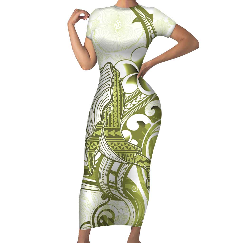 Lime Green Hawaii Short Sleeve Bodycon Dress Humpback Whale Tattoo Polynesian Tribal Ocean Vibes