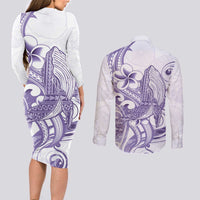 Purple Hawaii Couples Matching Long Sleeve Bodycon Dress and Long Sleeve Button Shirt Humpback Whale Tattoo Polynesian Tribal Ocean Vibes