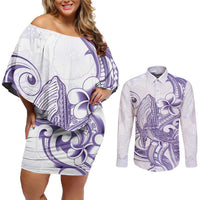 Purple Hawaii Couples Matching Off Shoulder Short Dress and Long Sleeve Button Shirt Humpback Whale Tattoo Polynesian Tribal Ocean Vibes