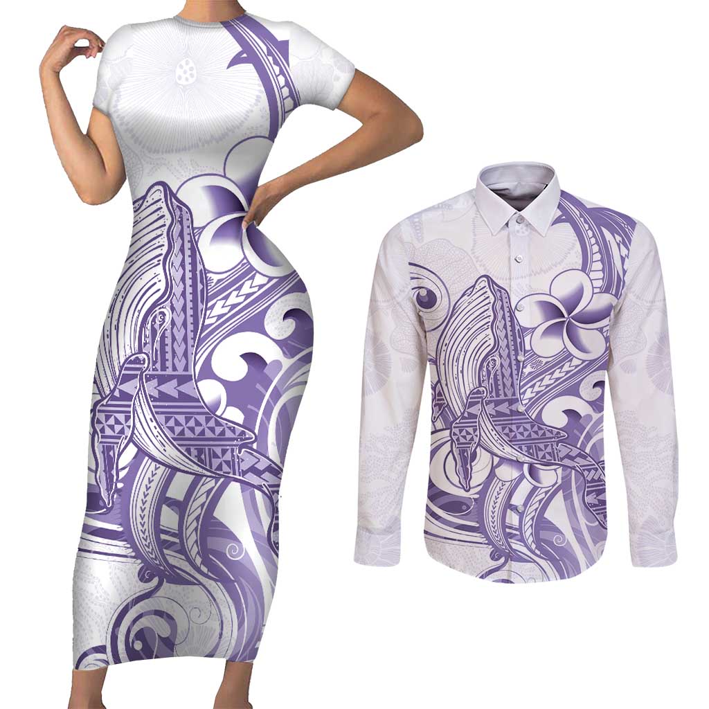 Purple Hawaii Couples Matching Short Sleeve Bodycon Dress and Long Sleeve Button Shirt Humpback Whale Tattoo Polynesian Tribal Ocean Vibes LT14 Purple - Polynesian Pride