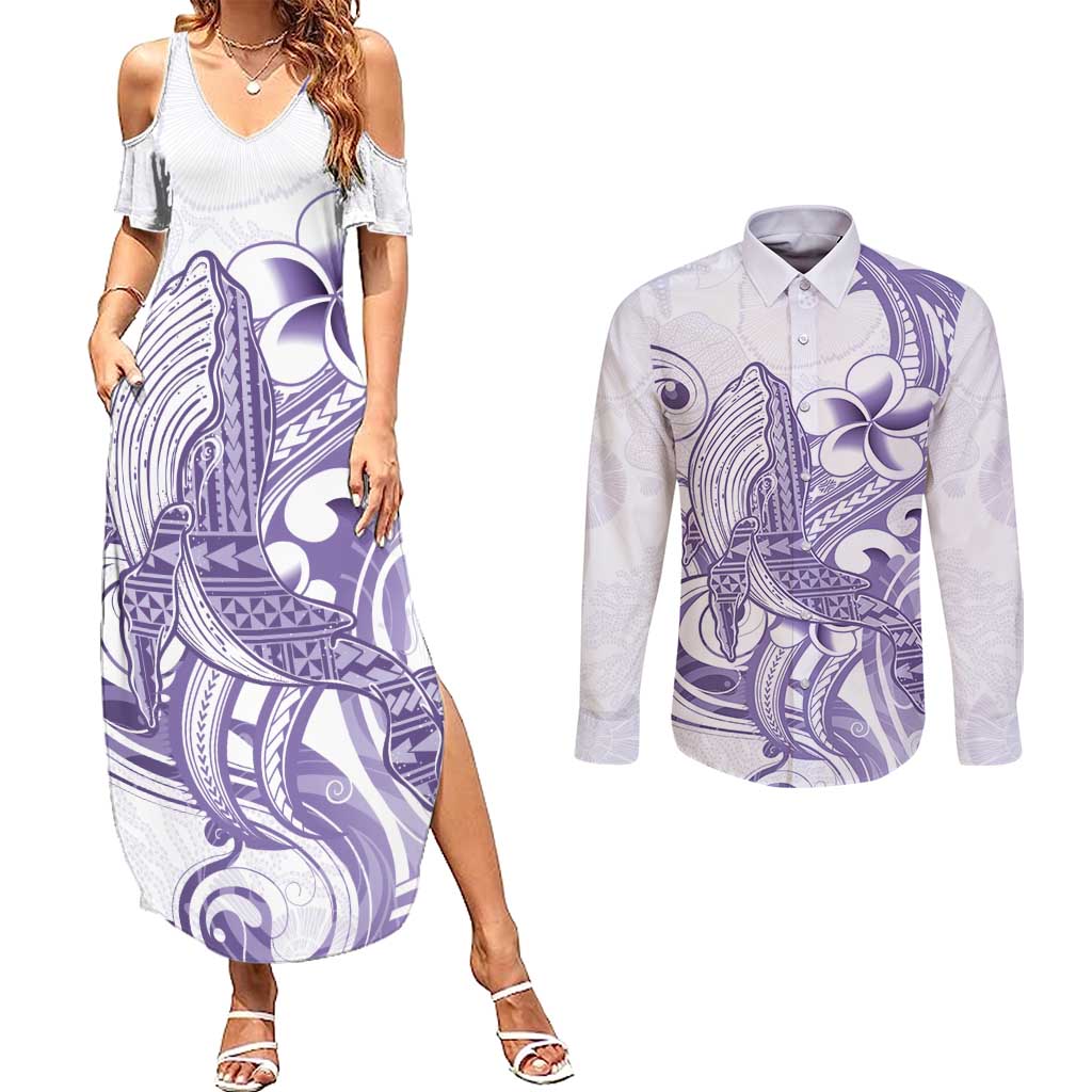 Purple Hawaii Couples Matching Summer Maxi Dress and Long Sleeve Button Shirt Humpback Whale Tattoo Polynesian Tribal Ocean Vibes