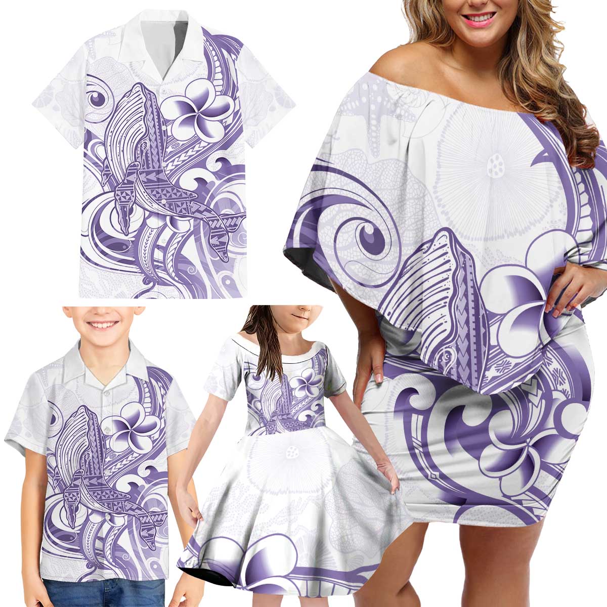 Purple Hawaii Family Matching Off Shoulder Short Dress and Hawaiian Shirt Humpback Whale Tattoo Polynesian Tribal Ocean Vibes LT14 - Polynesian Pride