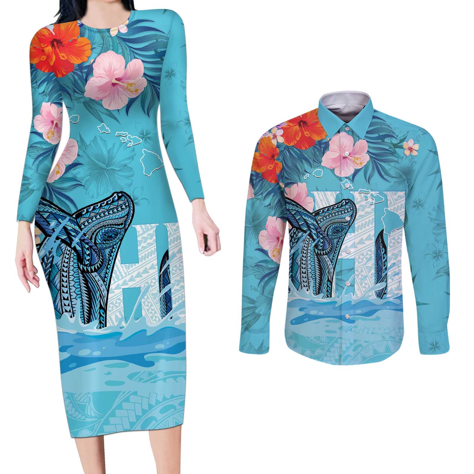 Personalised Hawaii Couples Matching Long Sleeve Bodycon Dress and Long Sleeve Button Shirt Humpback Whale Tattoo With Tropical Flowers LT14 Blue - Polynesian Pride