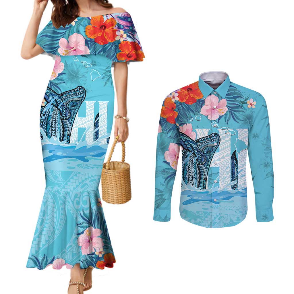 Personalised Hawaii Couples Matching Mermaid Dress and Long Sleeve Button Shirt Humpback Whale Tattoo With Tropical Flowers LT14 Blue - Polynesian Pride