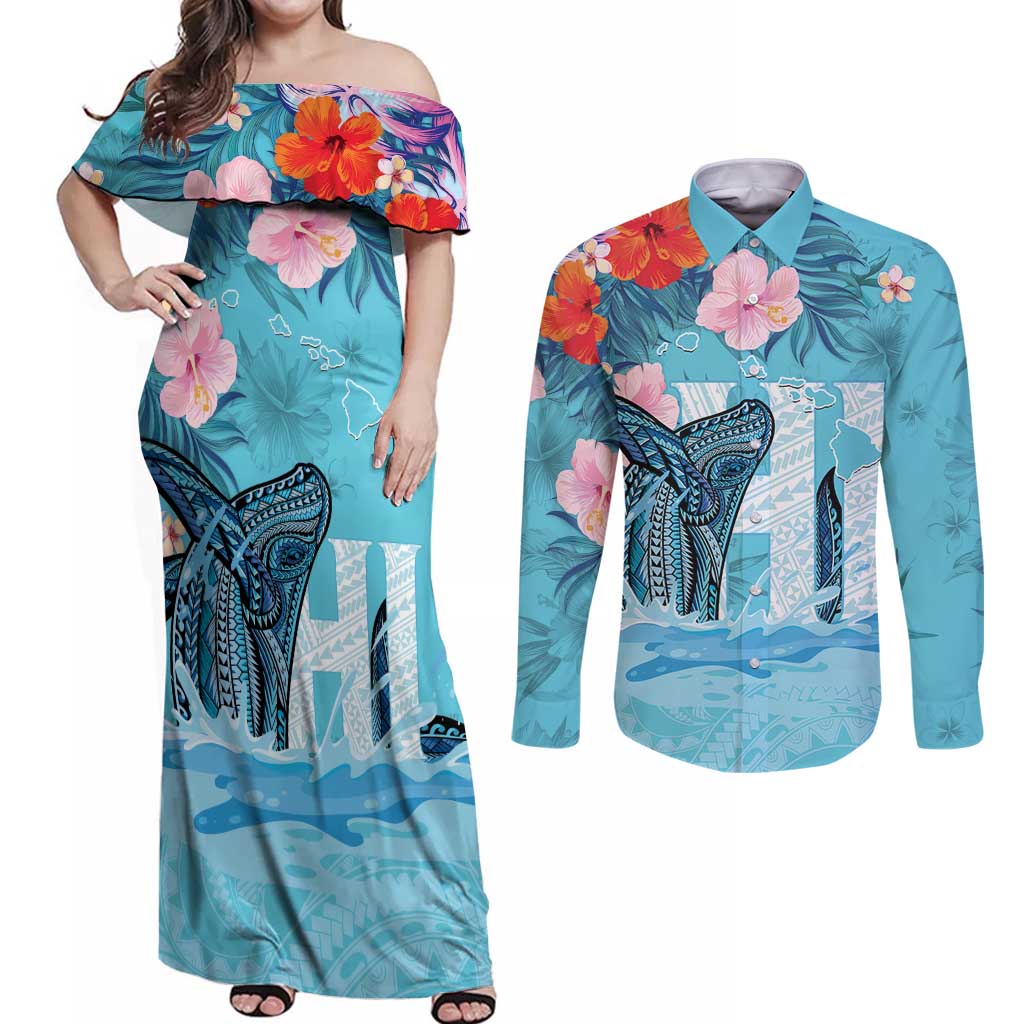 Personalised Hawaii Couples Matching Off Shoulder Maxi Dress and Long Sleeve Button Shirt Humpback Whale Tattoo With Tropical Flowers LT14 Blue - Polynesian Pride