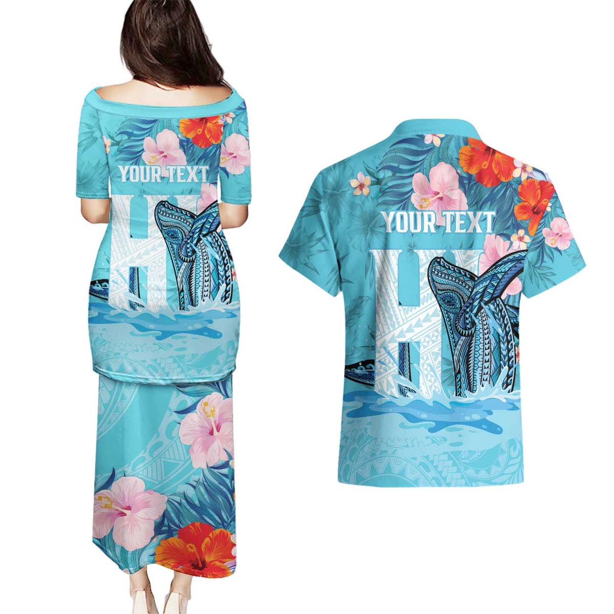 Personalised Hawaii Couples Matching Puletasi and Hawaiian Shirt Humpback Whale Tattoo With Tropical Flowers