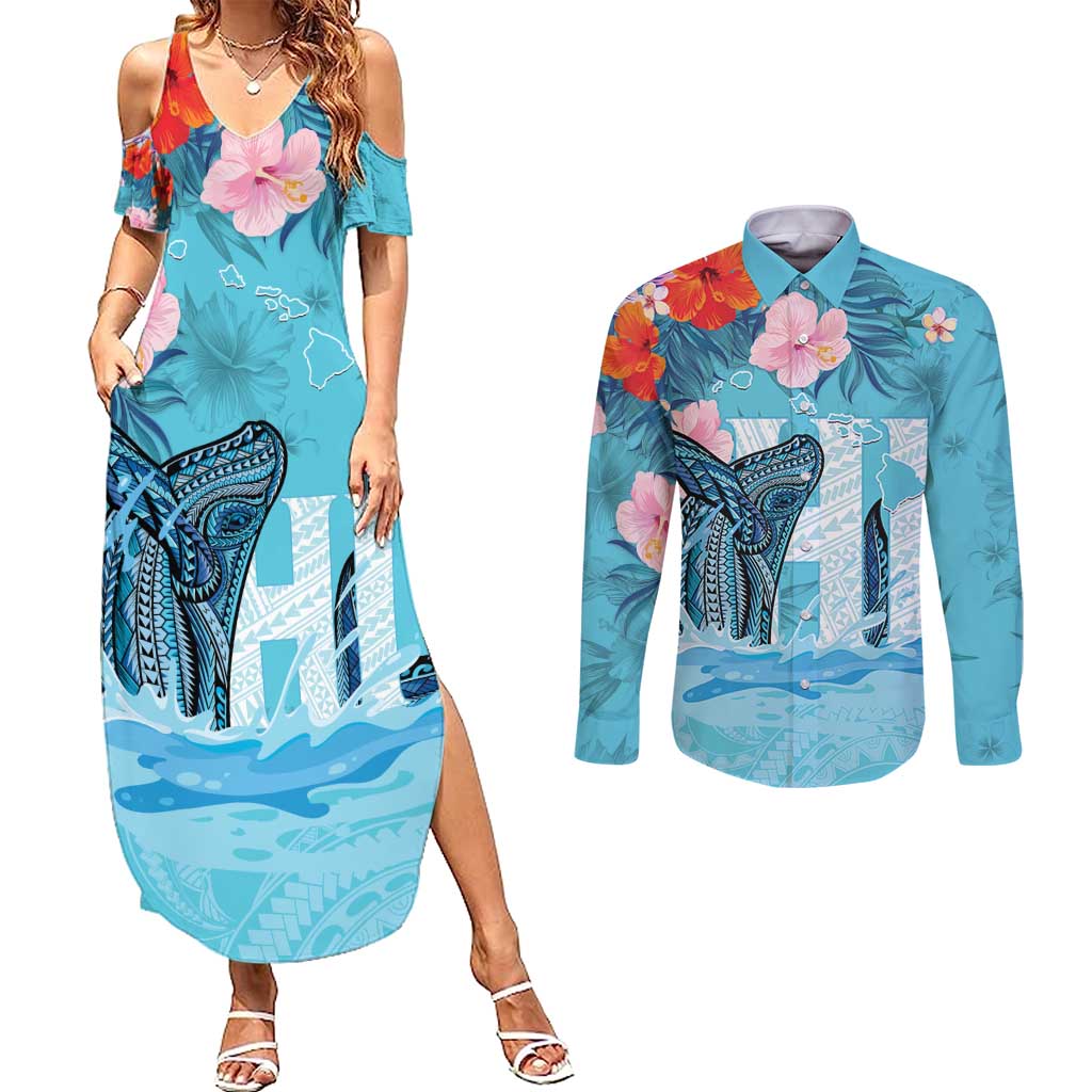 Personalised Hawaii Couples Matching Summer Maxi Dress and Long Sleeve Button Shirt Humpback Whale Tattoo With Tropical Flowers LT14 Blue - Polynesian Pride