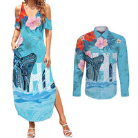 Personalised Hawaii Couples Matching Summer Maxi Dress and Long Sleeve Button Shirt Humpback Whale Tattoo With Tropical Flowers LT14 Blue - Polynesian Pride