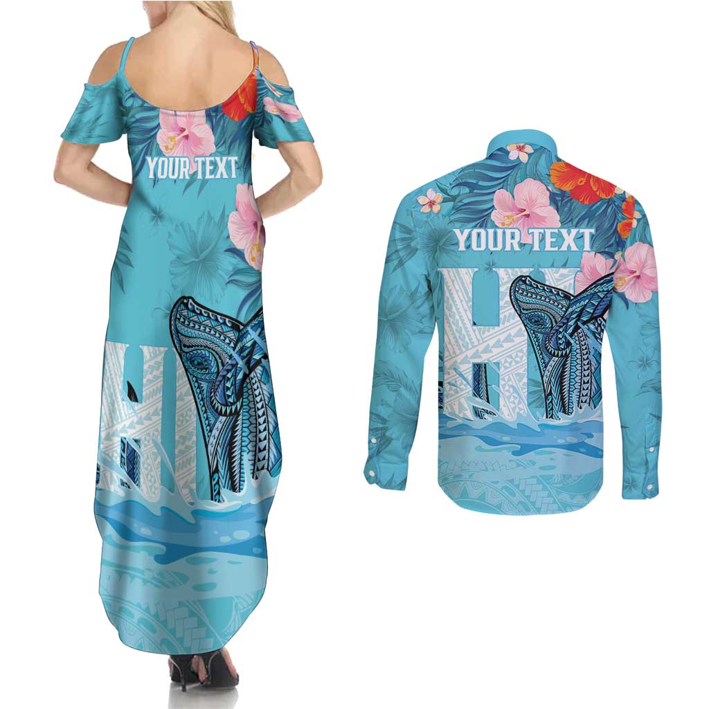 Personalised Hawaii Couples Matching Summer Maxi Dress and Long Sleeve Button Shirt Humpback Whale Tattoo With Tropical Flowers LT14 - Polynesian Pride