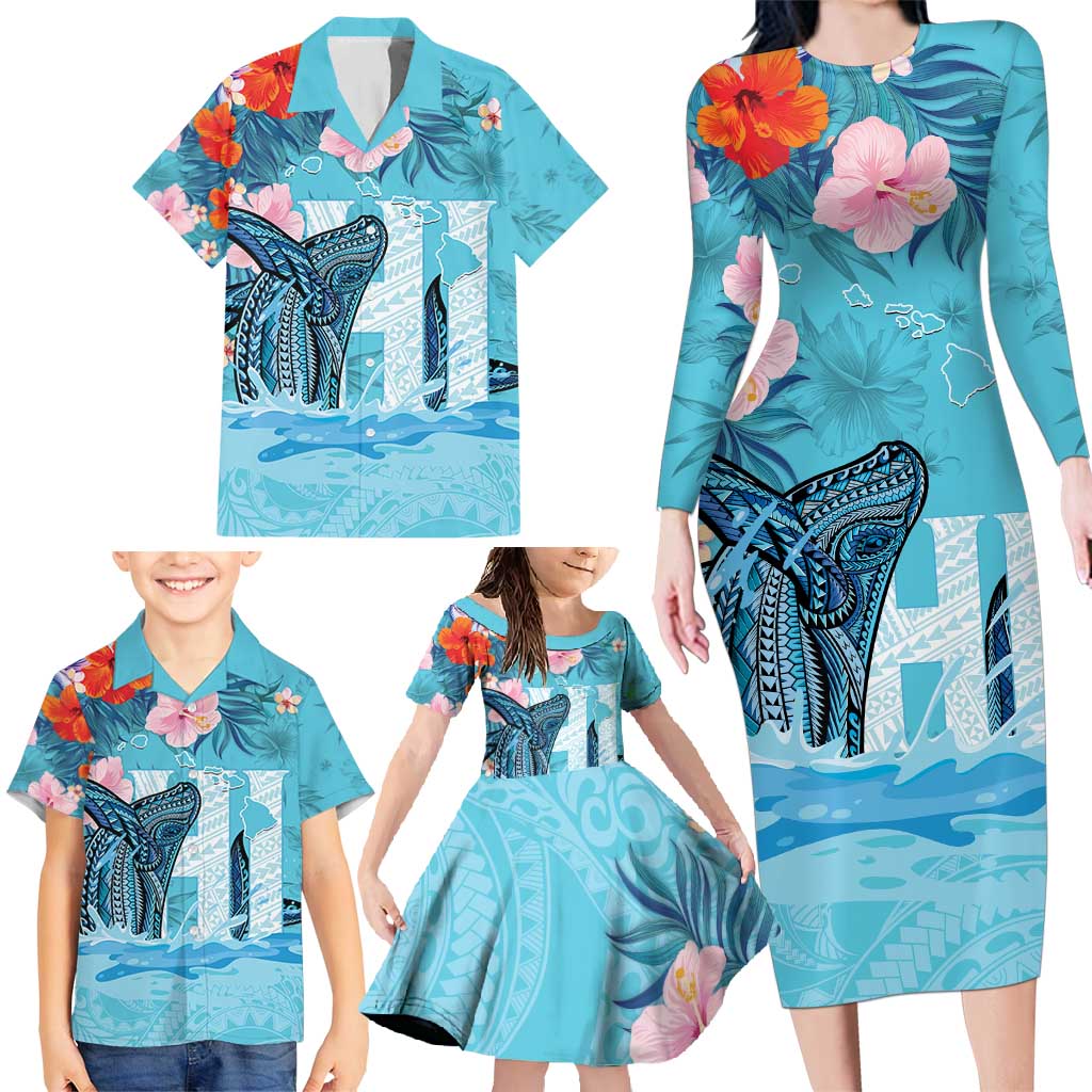 Personalised Hawaii Family Matching Long Sleeve Bodycon Dress and Hawaiian Shirt Humpback Whale Tattoo With Tropical Flowers LT14 - Polynesian Pride