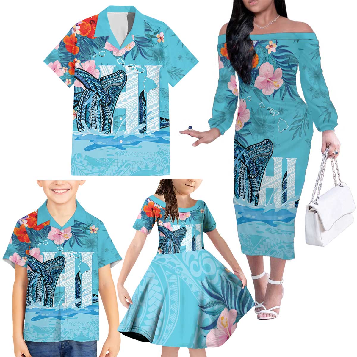 Personalised Hawaii Family Matching Off The Shoulder Long Sleeve Dress and Hawaiian Shirt Humpback Whale Tattoo With Tropical Flowers LT14 - Polynesian Pride