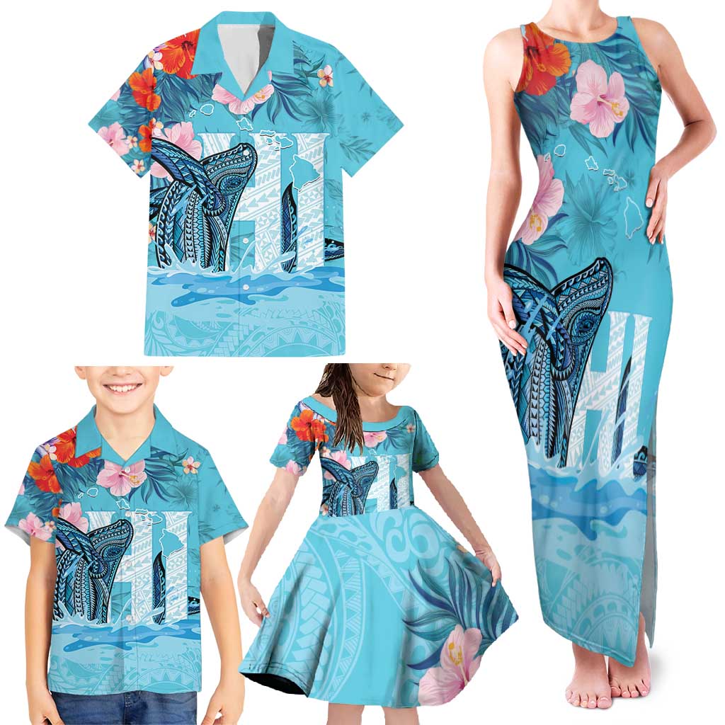 Personalised Hawaii Family Matching Tank Maxi Dress and Hawaiian Shirt Humpback Whale Tattoo With Tropical Flowers LT14 - Polynesian Pride