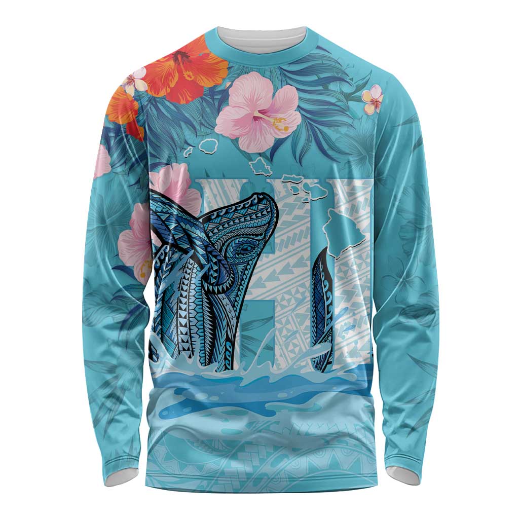 Personalised Hawaii Long Sleeve Shirt Humpback Whale Tattoo With Tropical Flowers LT14 Unisex Blue - Polynesian Pride