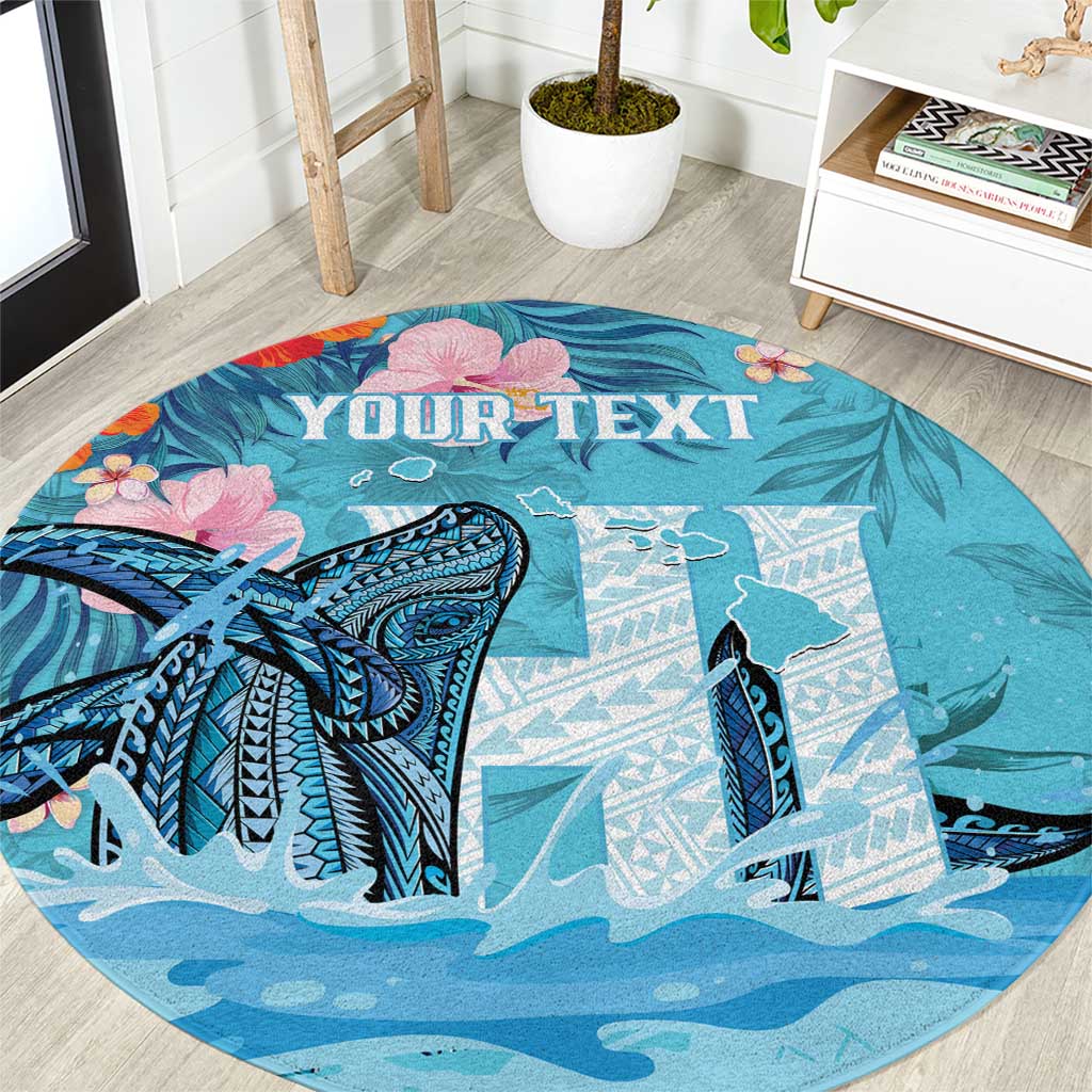 Personalised Hawaii Round Carpet Humpback Whale Tattoo With Tropical Flowers LT14 Blue - Polynesian Pride