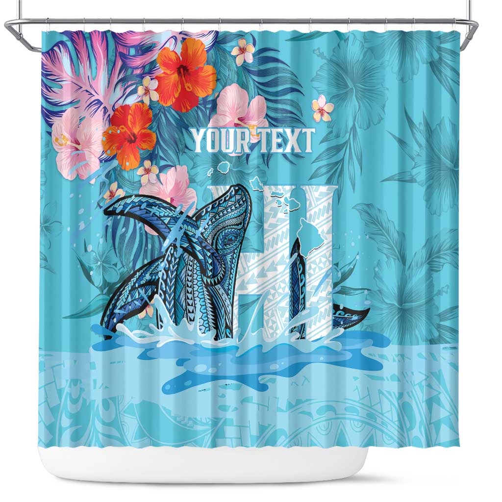 Personalised Hawaii Shower Curtain Humpback Whale Tattoo With Tropical Flowers LT14 Blue - Polynesian Pride