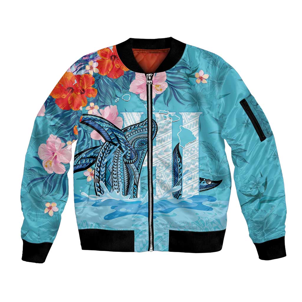 Personalised Hawaii Sleeve Zip Bomber Jacket Humpback Whale Tattoo With Tropical Flowers LT14 Unisex Blue - Polynesian Pride