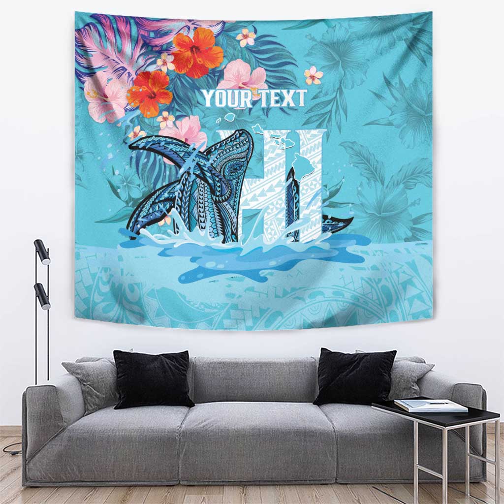Personalised Hawaii Tapestry Humpback Whale Tattoo With Tropical Flowers LT14 Blue - Polynesian Pride