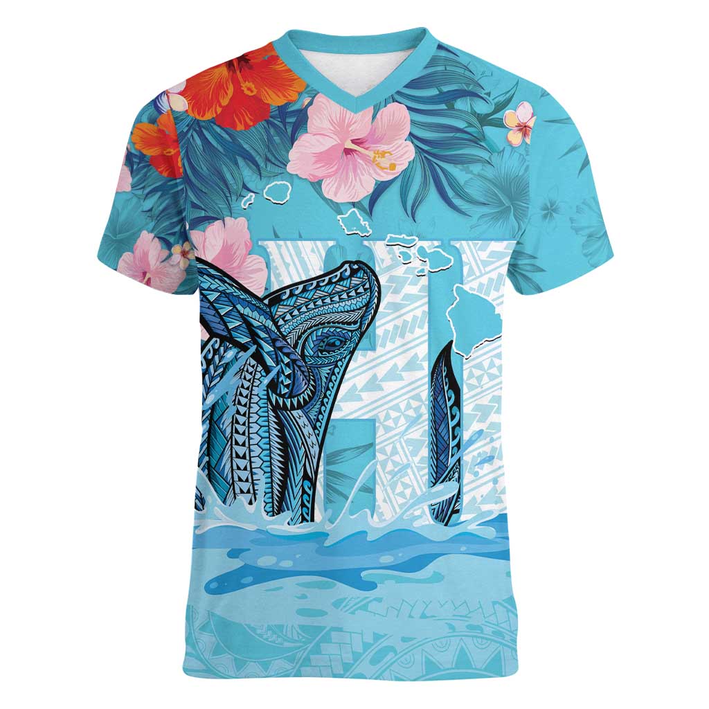 Personalised Hawaii Women V-Neck T-Shirt Humpback Whale Tattoo With Tropical Flowers LT14 Female Blue - Polynesian Pride