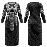 Tiki Drum Hawaii Couples Matching Long Sleeve Bodycon Dress and Long Sleeve Button Shirt Hawaiian Kakau Tattoo Style
