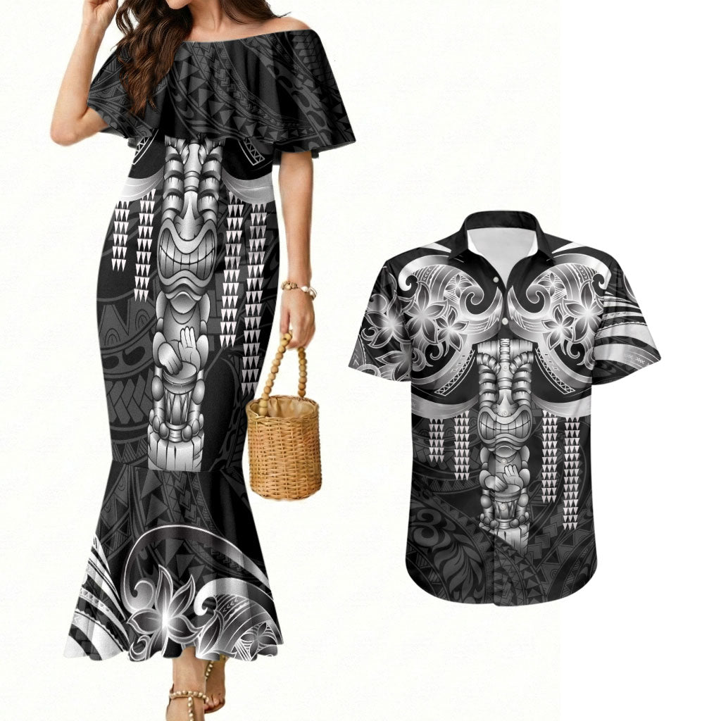 Tiki Drum Hawaii Couples Matching Mermaid Dress and Hawaiian Shirt Hawaiian Kakau Tattoo Style