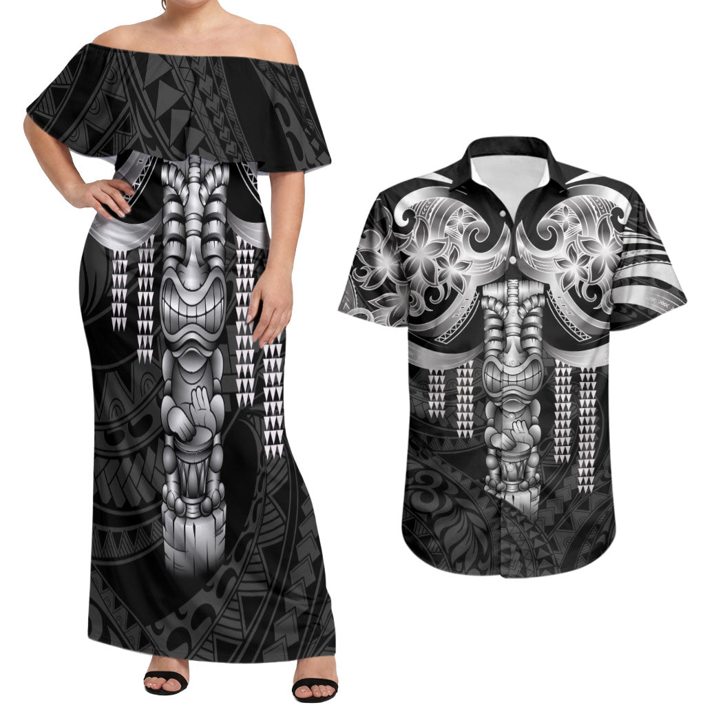 Tiki Drum Hawaii Couples Matching Off Shoulder Maxi Dress and Hawaiian Shirt Hawaiian Kakau Tattoo Style