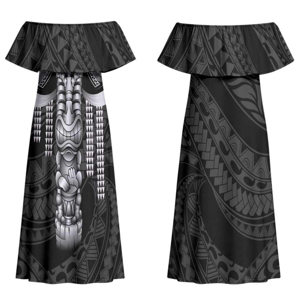 Tiki Drum Hawaii Couples Matching Off Shoulder Maxi Dress and Hawaiian Shirt Hawaiian Kakau Tattoo Style