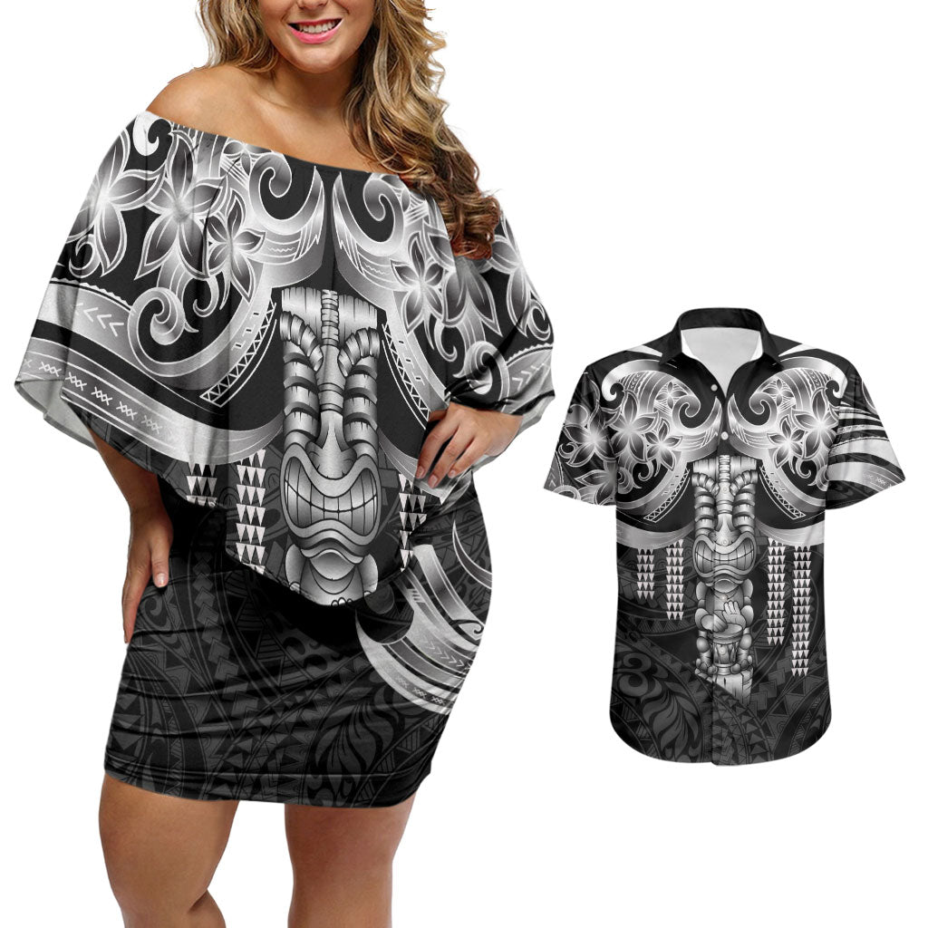Tiki Drum Hawaii Couples Matching Off Shoulder Short Dress and Hawaiian Shirt Hawaiian Kakau Tattoo Style