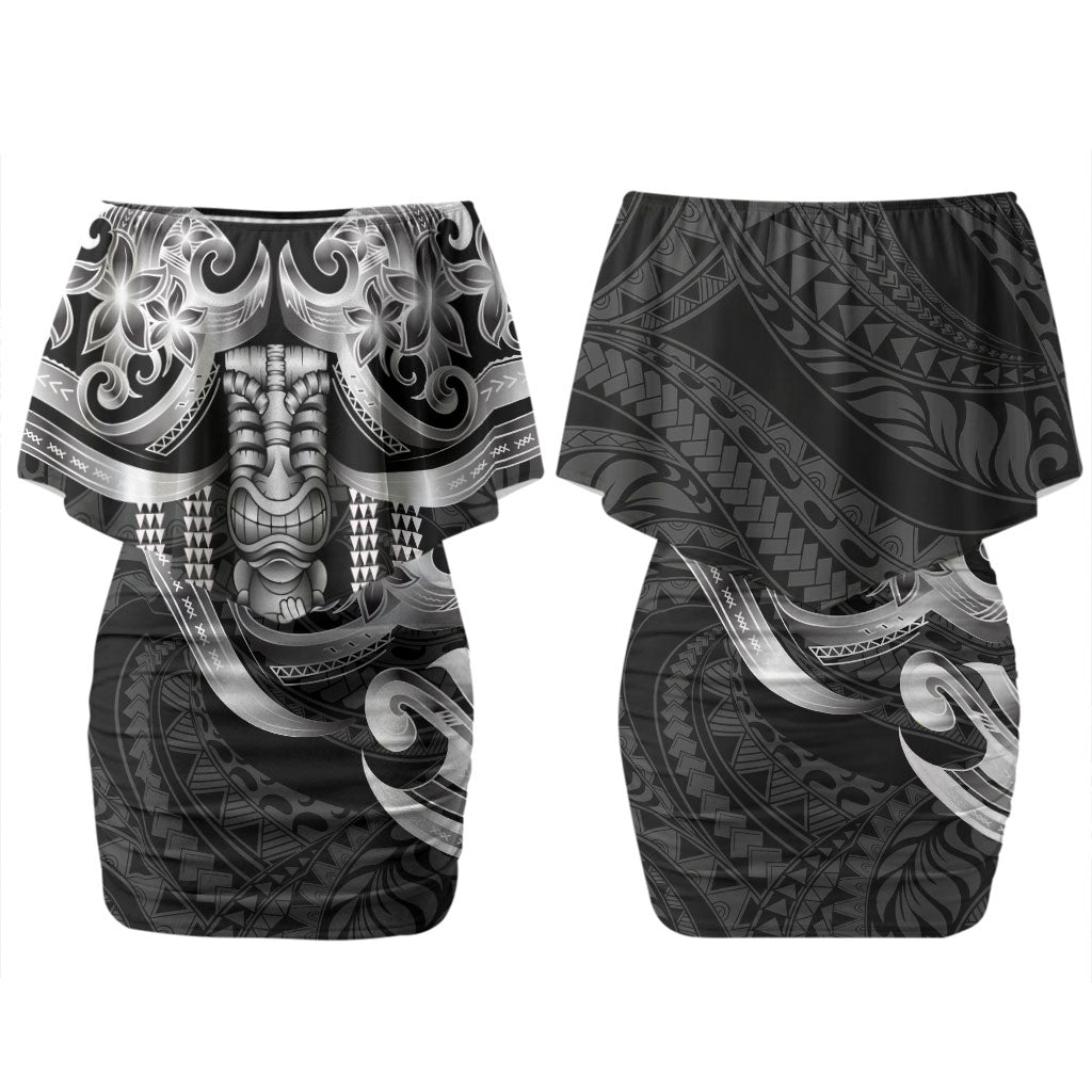 Tiki Drum Hawaii Couples Matching Off Shoulder Short Dress and Hawaiian Shirt Hawaiian Kakau Tattoo Style