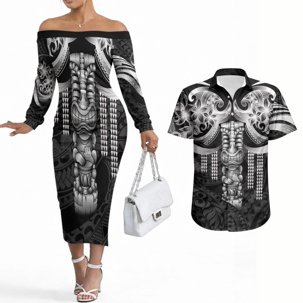 Tiki Drum Hawaii Couples Matching Off The Shoulder Long Sleeve Dress and Hawaiian Shirt Hawaiian Kakau Tattoo Style LT14 Black - Polynesian Pride