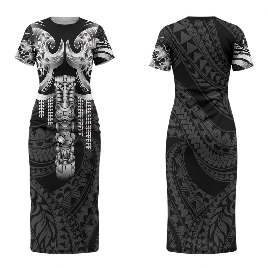 Tiki Drum Hawaii Couples Matching Short Sleeve Bodycon Dress and Hawaiian Shirt Hawaiian Kakau Tattoo Style
