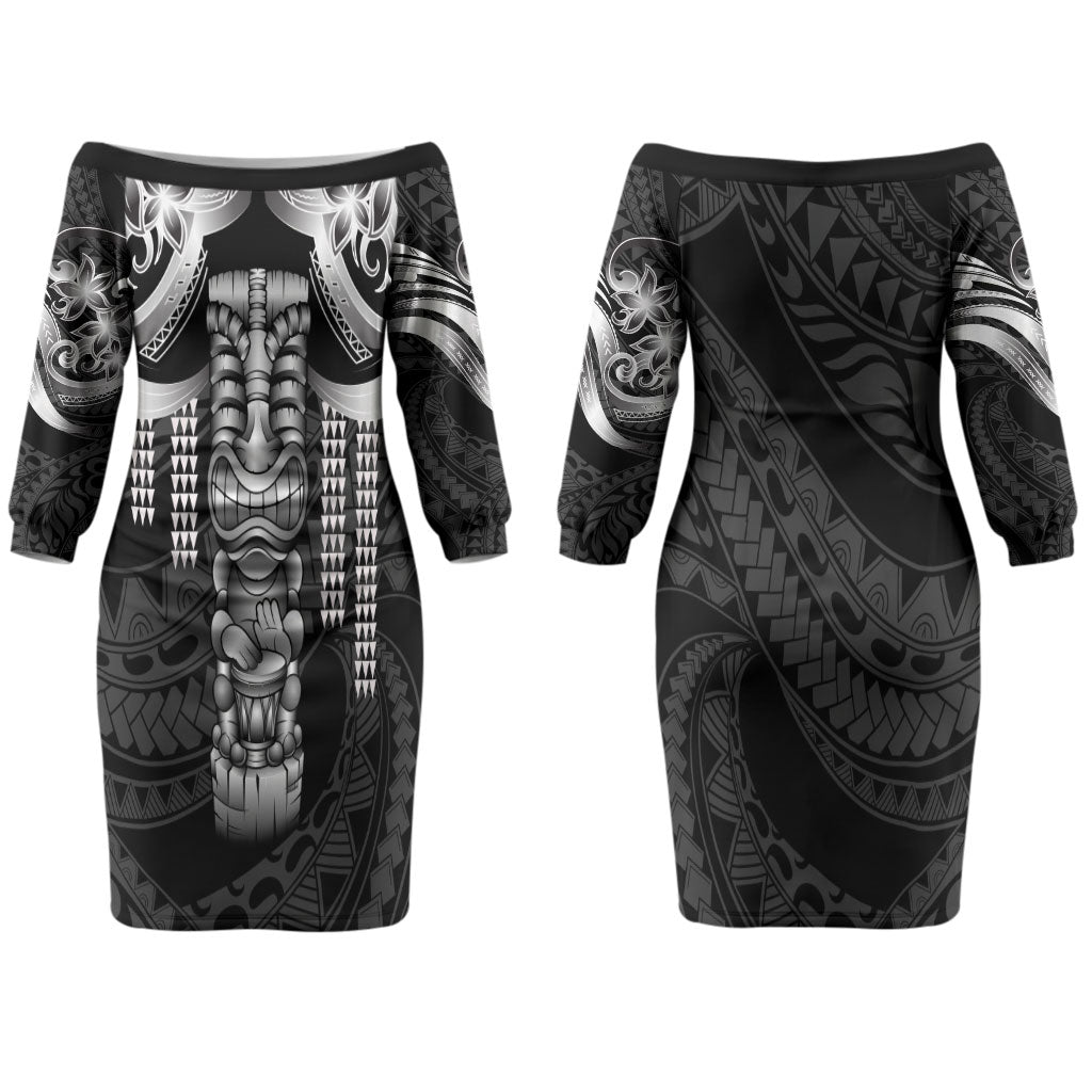 Tiki Drum Hawaii Family Matching Off The Shoulder Long Sleeve Dress and Hawaiian Shirt Hawaiian Kakau Tattoo Style