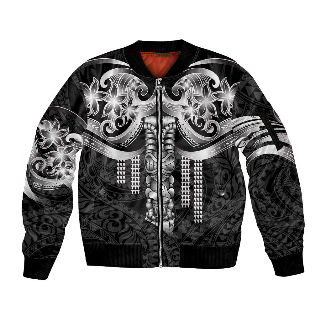 Tiki Drum Hawaii Sleeve Zip Bomber Jacket Hawaiian Kakau Tattoo Style LT14 Unisex Black - Polynesian Pride