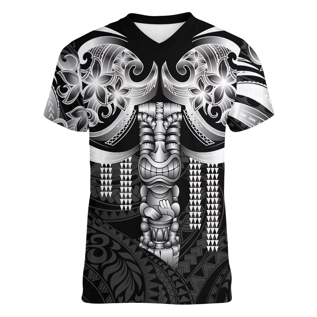 Tiki Drum Hawaii Women V-Neck T-Shirt Hawaiian Kakau Tattoo Style LT14 Female Black - Polynesian Pride