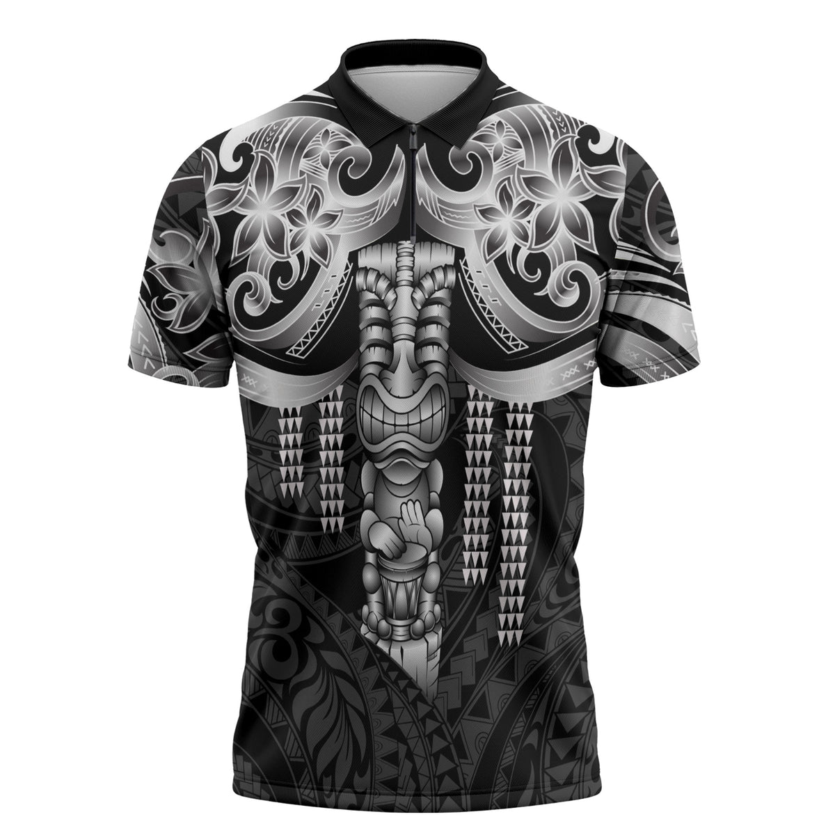 Tiki Drum Hawaii Zipper Polo Shirt Hawaiian Kakau Tattoo Style