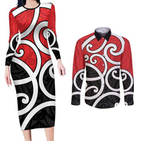 New Zealand Couples Matching Long Sleeve Bodycon Dress and Long Sleeve Button Shirt Maori Koru Tino Rangatiratanga Color - Polynesian Pride