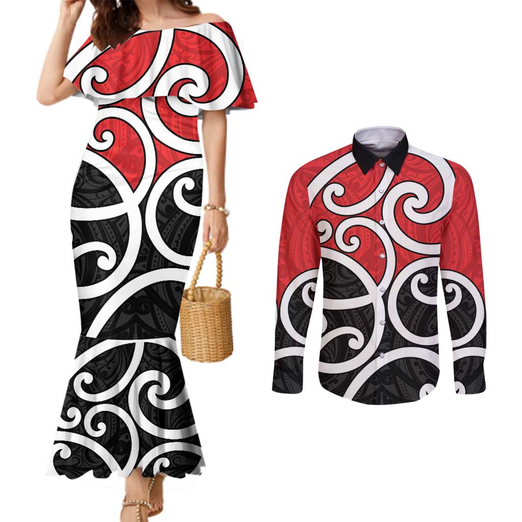 New Zealand Couples Matching Mermaid Dress and Long Sleeve Button Shirt Maori Koru Tino Rangatiratanga Color - Polynesian Pride