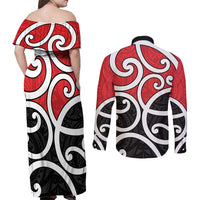 New Zealand Couples Matching Off Shoulder Maxi Dress and Long Sleeve Button Shirt Maori Koru Tino Rangatiratanga Color - Polynesian Pride