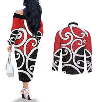 New Zealand Couples Matching Off The Shoulder Long Sleeve Dress and Long Sleeve Button Shirt Maori Koru Tino Rangatiratanga Color - Polynesian Pride
