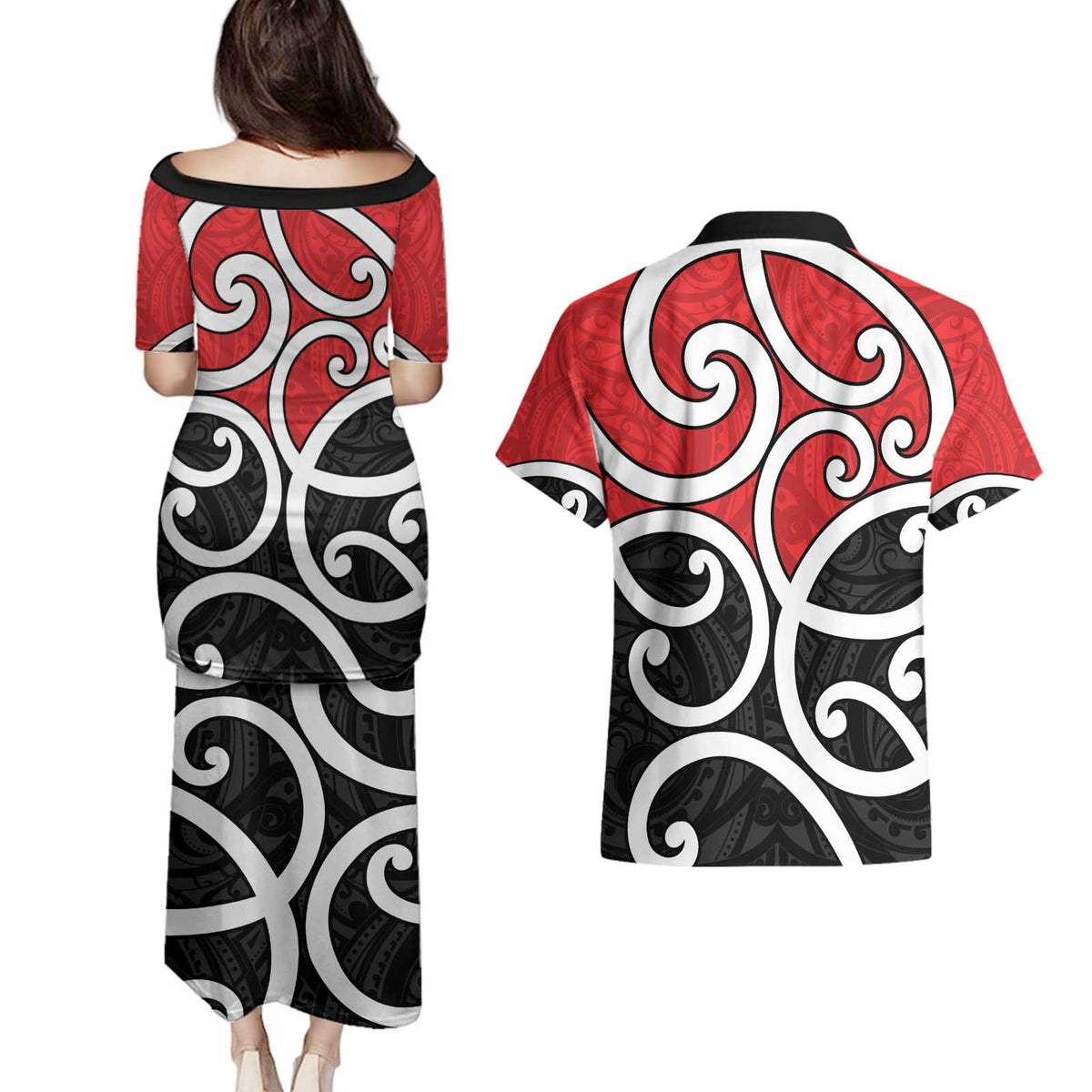 New Zealand Couples Matching Puletasi and Hawaiian Shirt Maori Koru Tino Rangatiratanga Color - Polynesian Pride