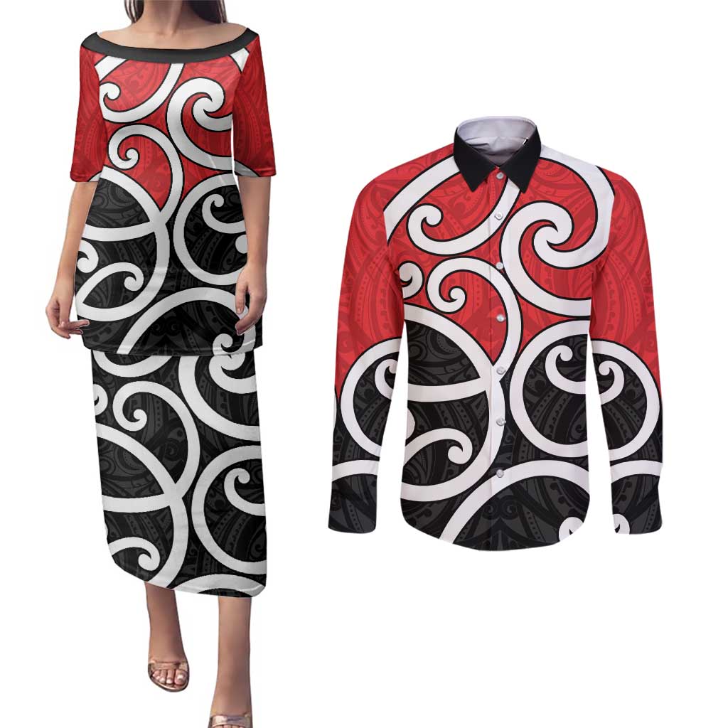 New Zealand Couples Matching Puletasi and Long Sleeve Button Shirt Maori Koru Tino Rangatiratanga Color - Polynesian Pride