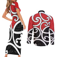 New Zealand Couples Matching Short Sleeve Bodycon Dress and Long Sleeve Button Shirt Maori Koru Tino Rangatiratanga Color - Polynesian Pride