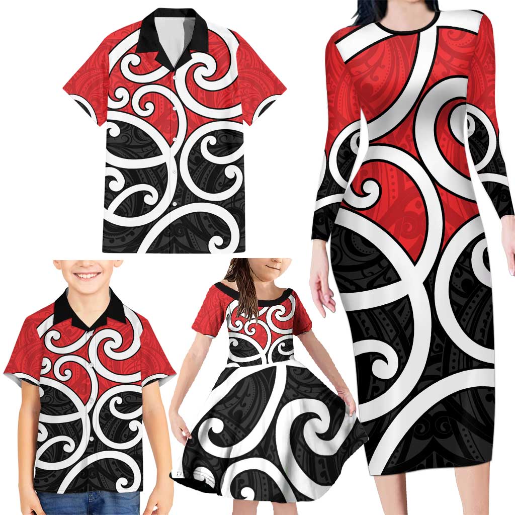 New Zealand Family Matching Long Sleeve Bodycon Dress and Hawaiian Shirt Maori Koru Tino Rangatiratanga Color - Polynesian Pride